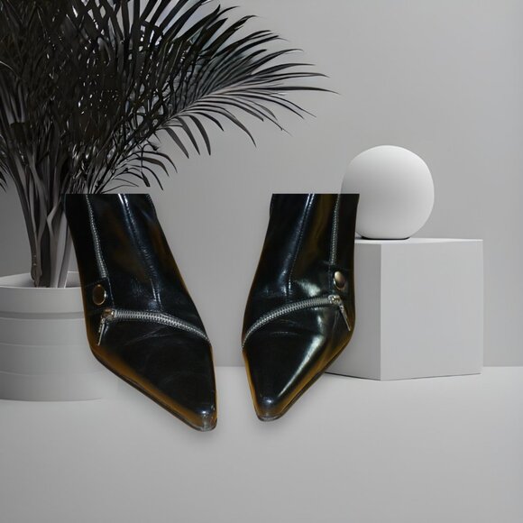 Nine West Black Leather Pointed Toe Ankle Boots Awesome Zipper Accents| SZ US 9M - Picture 3 of 5